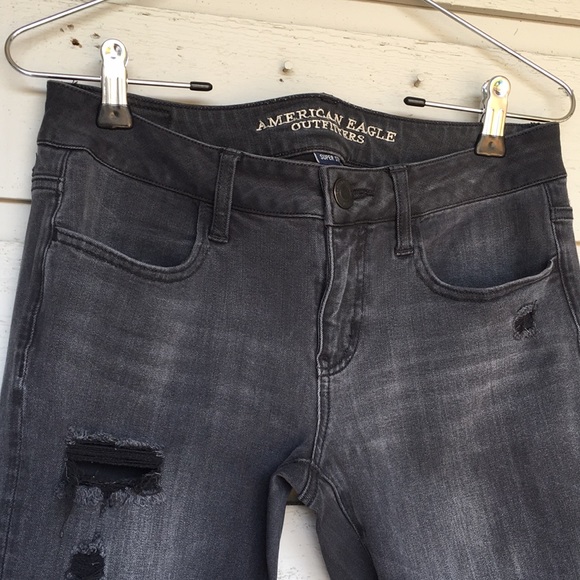 AE DISTRESSED BLACK WASHED OUT JEANS SUPER STRETCH X4 RAW HEM - Picture 8 of 14